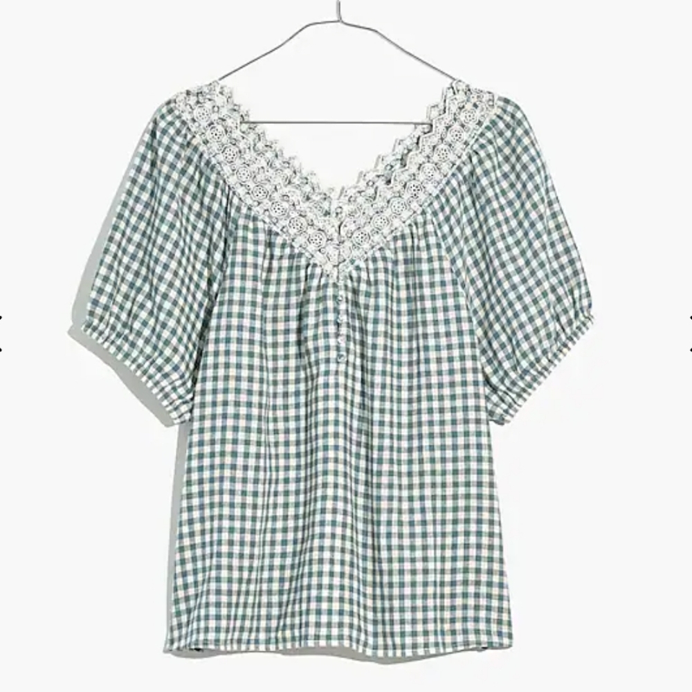 Madewell • Embroidered Linen-Blend Swing Top in Gingham Check • Medium